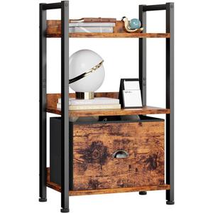 Furologee 3 Tier Bookshelf with Drawer, Small Bookcase with Shelves, Short Wood and Metal Bookshelf Storage Organizer, Industrial Freestanding Shelf Units for Bedroom, Living Room, Dorm, Rustic Brown