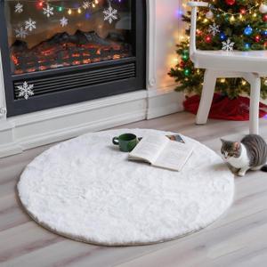 ThreadGlobe Fluffy Faux Rabbit Fur Circle Rug 3'x3', Cloud-Soft Area Rug for Bedroom & Nursery, Non-Slip No-Shed Design, Machine Washable Rug, White, 3x3 Ft