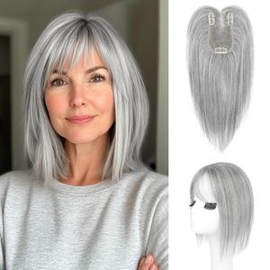 HOOJIH Hair Topper for Women with Thinning Hair 4x2.5inch Base Real Human Hair Topper with Bangs Handmade Invisiable Lace Front Topper - Light Gray