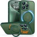 CANSHN 360° Spin Magnetic Stand for iPhone 15 Pro Max Case [Full Camera Protection] [Compatible with Magsafe] [Translucent Matte] Shockproof Protective Kickstand Phone Cover 6.7" - Deep Green
