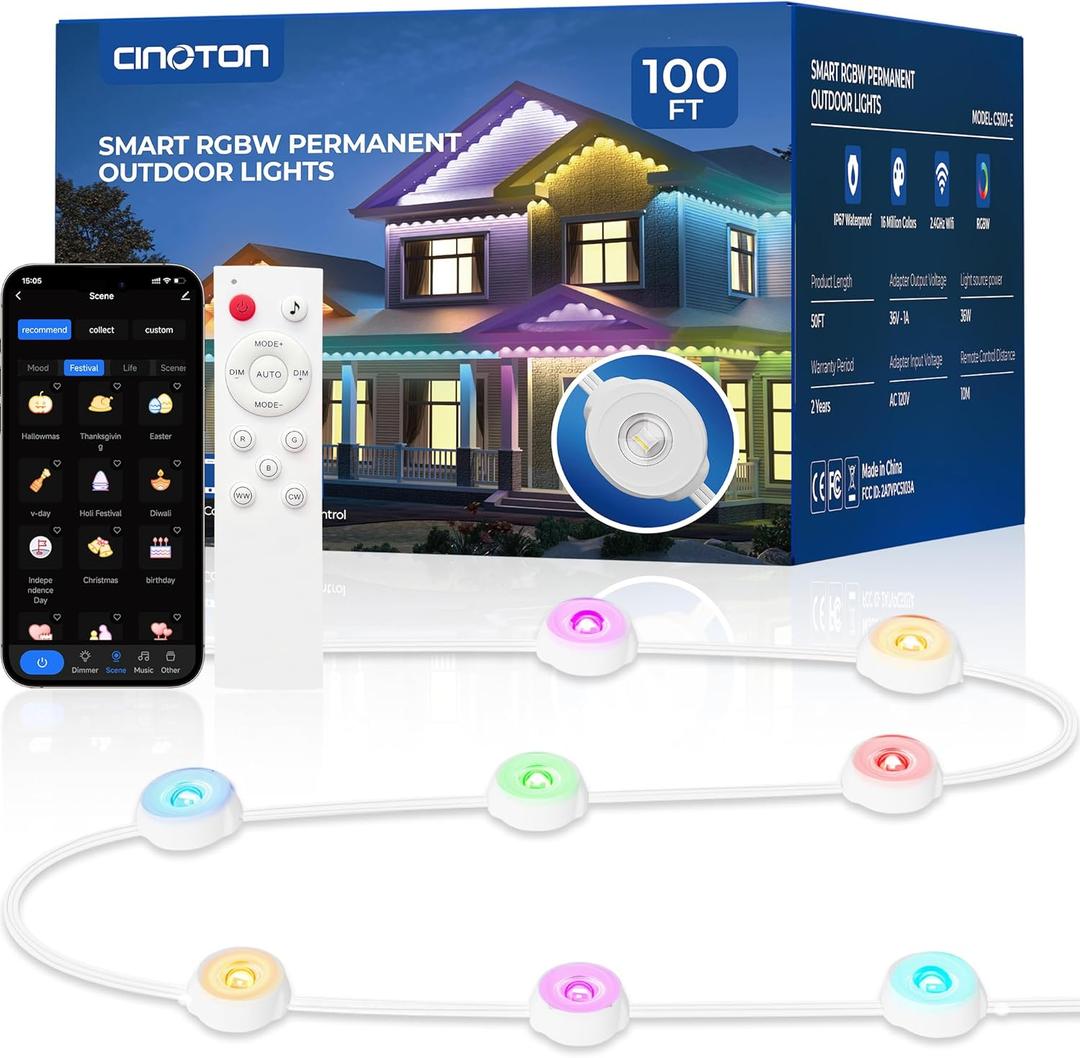 CINOTON Permanent Outdoor Lights 100ft, Smart RGBW+IC Eaves Lights with 60LEDs, IP67 Waterproof, 111 Scene Modes for Daily and Festival, Halloween Christmas Holiday Decor, APP/Voice/Remote Control