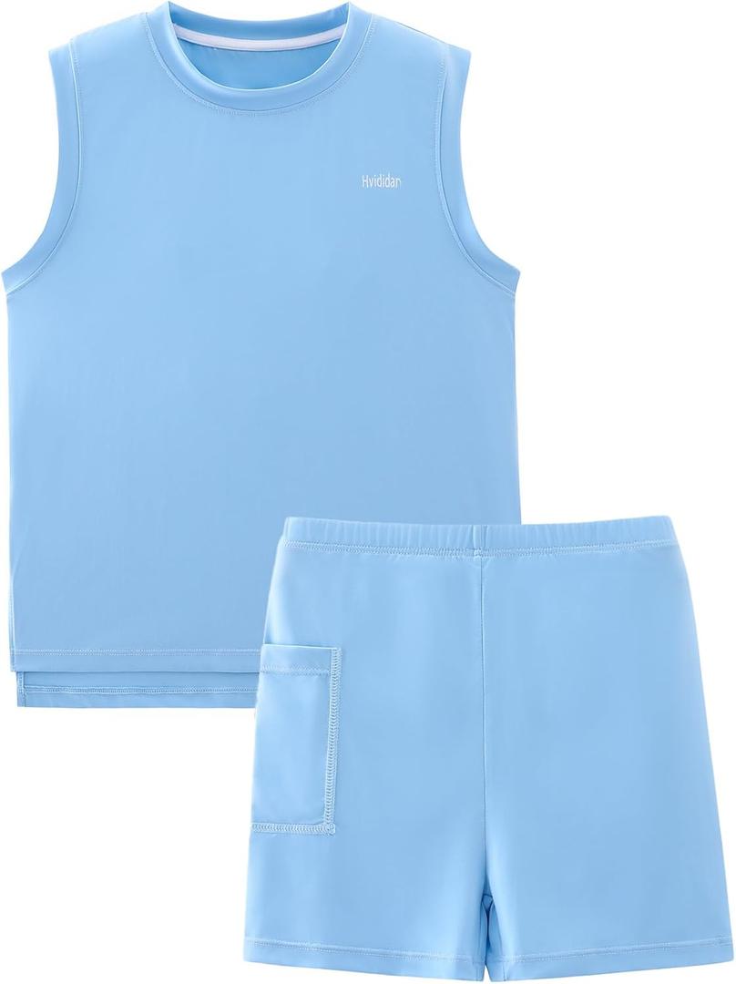 Hvididan Girls Activewear Set, Tank & Shorts with Pockets, Blue 9-10 Years