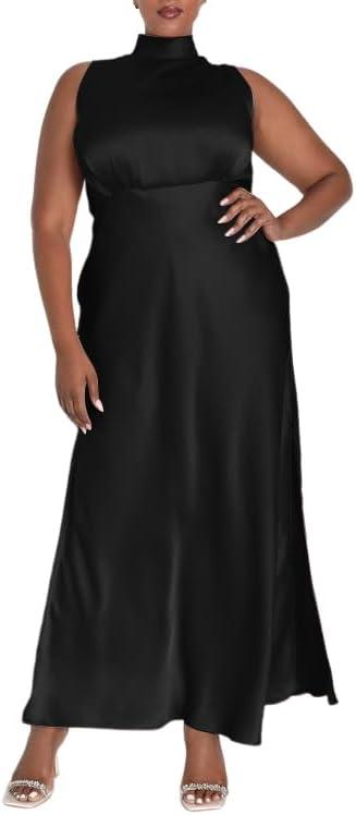 Summer Plus Size Mock Neck Satin Maxi Dress for Women 2024 Elegant Sleeveless Silk Dresses for Wedding Guest Cocktail (Black)