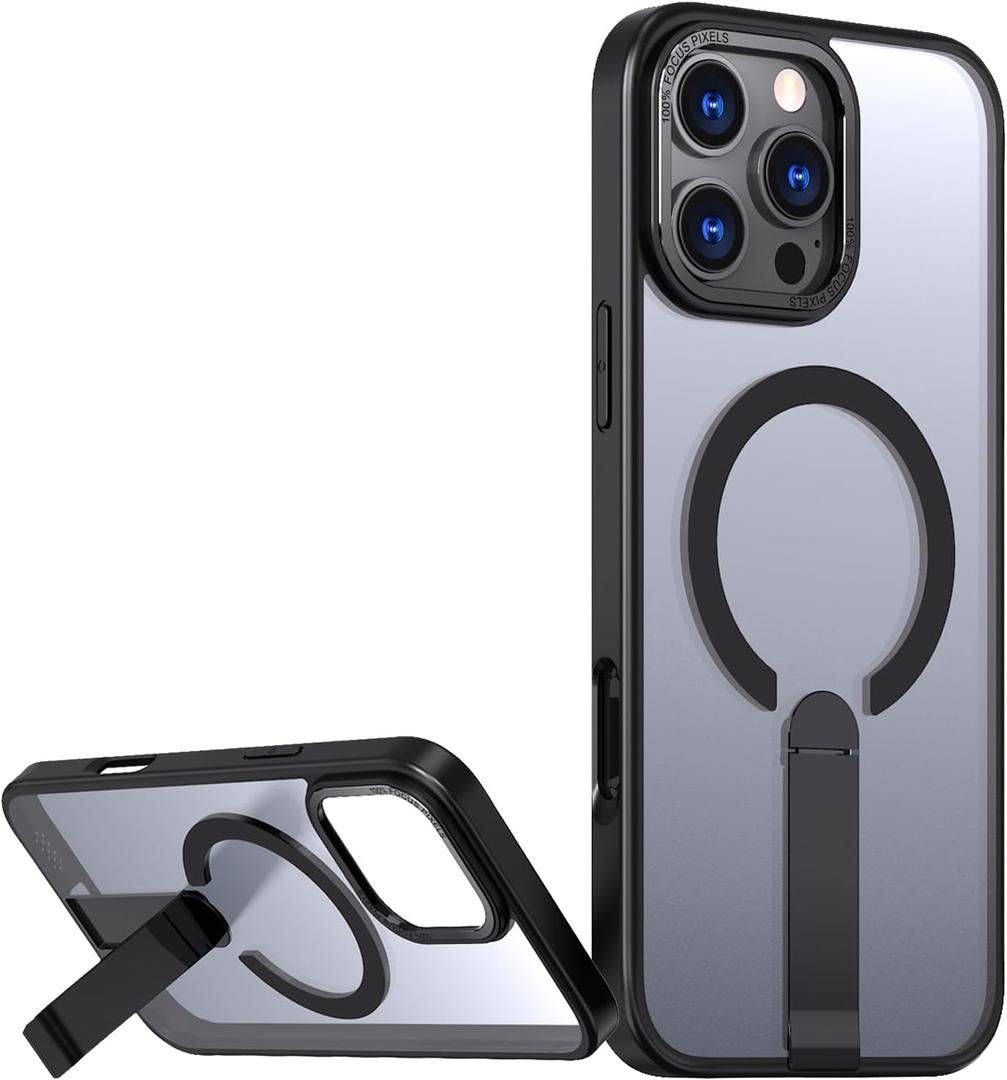 Magnetic for iPhone 16 Pro Max Case with Stand (Compatible with MagSafe)(Military Grade Drop Protection) Slim Translucent Matte Shockproof with Invisible Kickstand Phone Case, Black