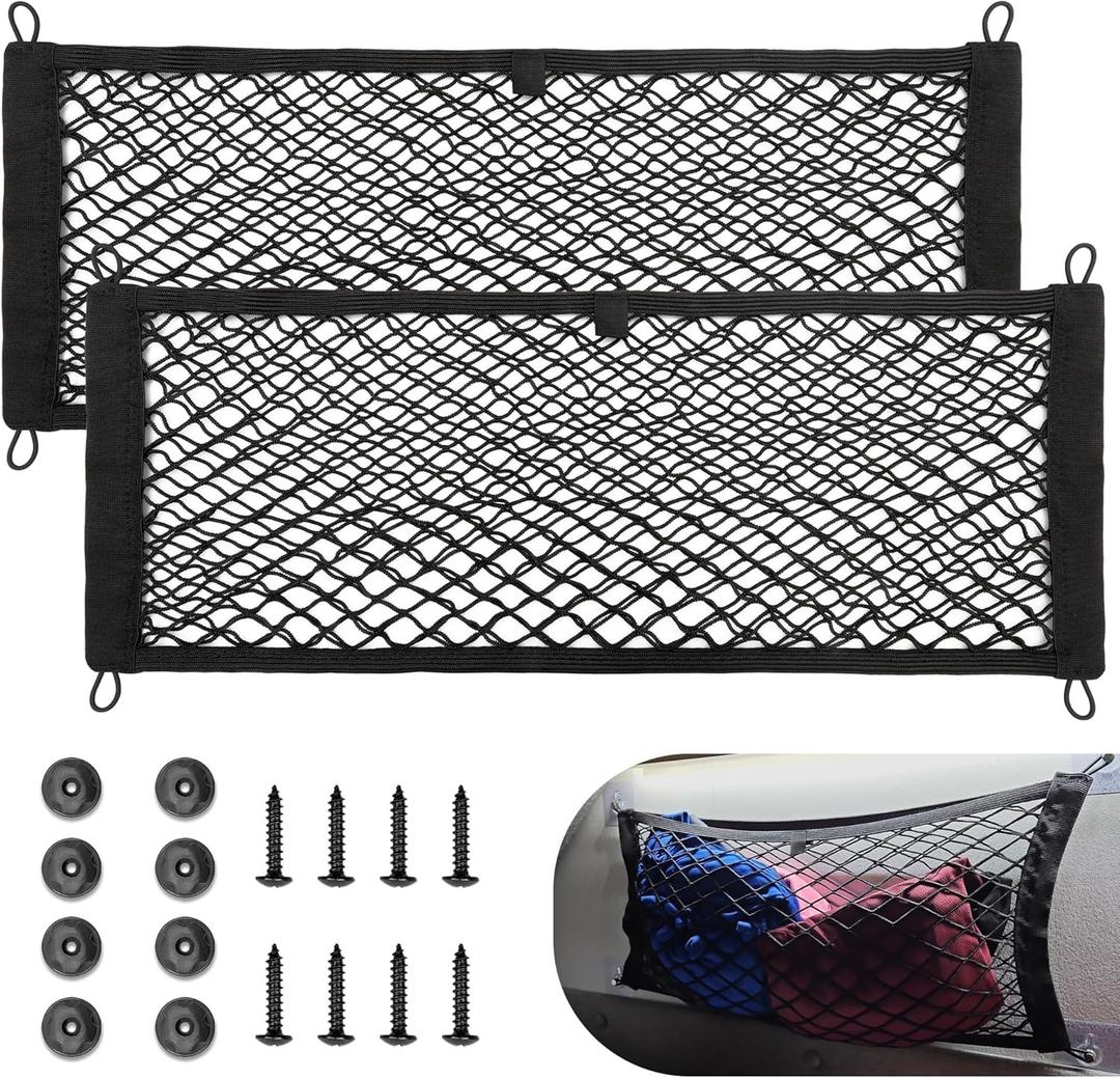 RED WOLF 2 Pcs Universal Elastic Mesh Netting Car Pouch for Trunk RV Boats Home Cargo Storage with Screws and Hooks (23.6'' x 9.8'')