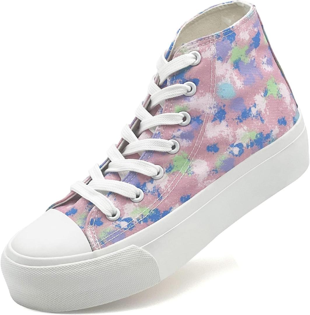 Womens Platform Canvas Sneakers Mens High Top Classic Canvas Shoes Unisex Casual Tennis Comfortable Fashion Sneakers Lace-Up (7.5 Women/6 Men, Pinkrainbow)