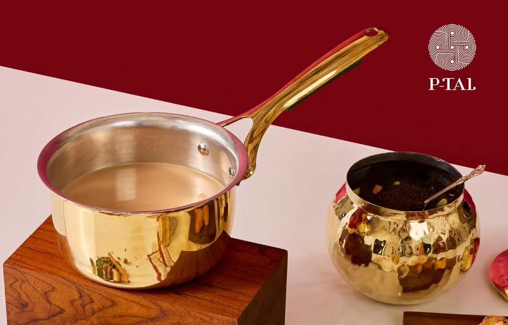P-TAL Brass Saucepan, 100% Pure Brass Tin-Coated Tea & Milk Pan | Heat-Resistant Handle | Non-Stick & Chemical-Free Cookware 