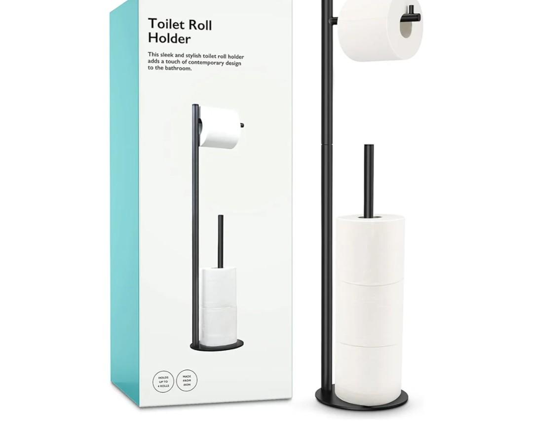 Toilet Paper Holder Stand, Bathroom Toilet Paper Roll Holder Stand with Reserve, Standing Toilet Paper Holder with Storage