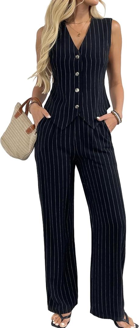 Women's 2 Piece Outfits Linen Vest Waistcoat Dressy Casual Sets Wide Leg Pants Suits (Black, S)