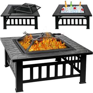 32 Inch Fire Pit Table with Fire Poker & Spark Screen, Outdoor Burning Fire Pits, 3 in 1 Metal Square Firepit Stove for Outside Heating, Bonfire Party, Camping, Patio, Garden