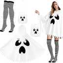 3 Pcs Ghost Costume Adult with White Hooded Poncho Candy Bag Nylon Striped Tights Ghost Costume Women for Halloween Cosplay Party