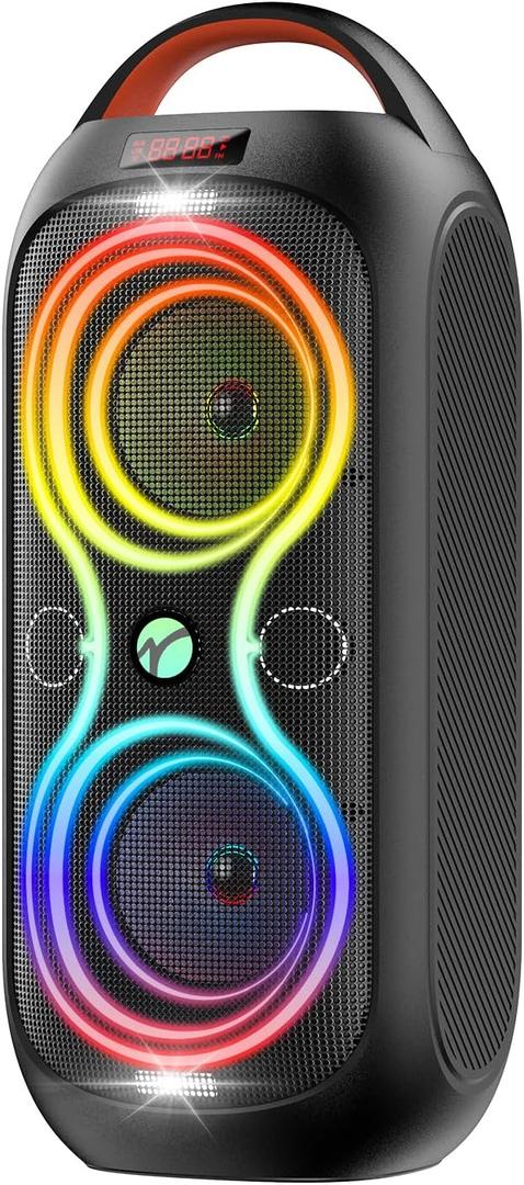 Party Bluetooth Speaker with Dual 4" Woofers, 60W Peak Power, 12H Playtime, Dynamic LED Lights, TWS, FM, AUX, USB, Mic Input, Portable Rechargeable Speaker for Indoor & Outdoor Events -Updated Version