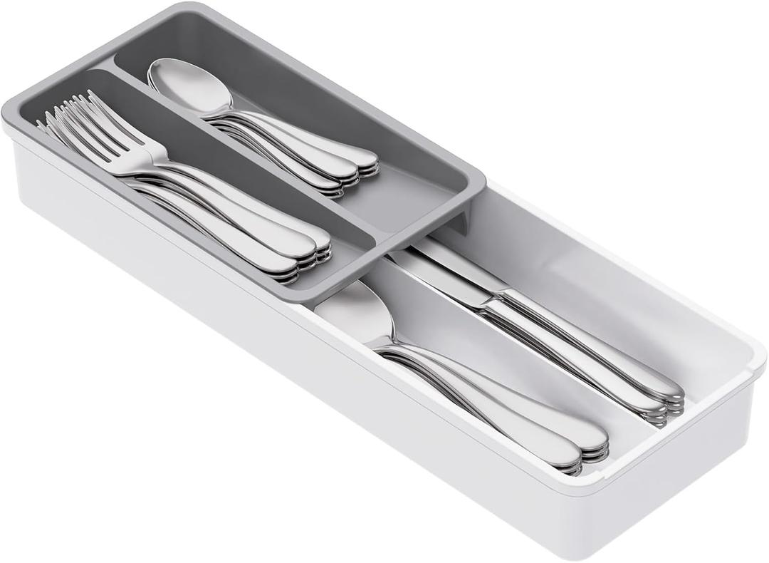 Lifewit Compact Silverware Organizer for Kitchen Drawer, Narrow Flatware Tray Holder, Plastic Cutlery Spoons, Forks and Knives Storage, White & Gray, 1 Pack