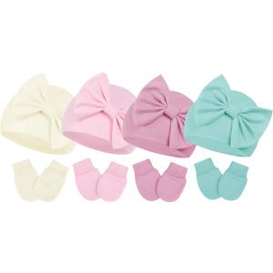 Century Star Newborn Baby Girl Bow Hats Headbands and Baby Mittens Set Infant Beanie Caps for Halloween and Christmas (04pcs Beige& Pink& Deep Pink& Light Green)