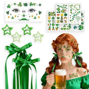 3 x St. Patrick's Day Hair Accessories Kit - Green Hair Bows, Star Hair Clips & Face Stickers for Women, Irish Party Hair Clips Set with Makeup Sticker for Pub Crawl, Festival