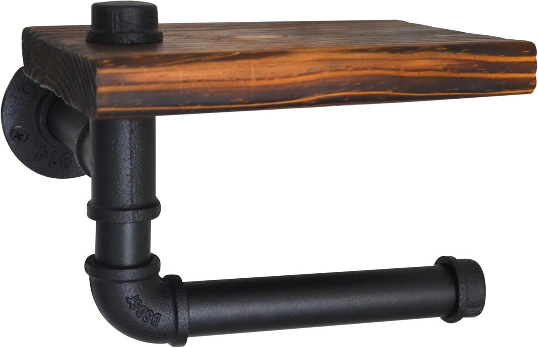 DSDS Toilet Paper Holder with Shelf Rustic Wooden Shelf and Black Iron Pipe Hardware Paper Towel Holder Wall Mount for Bathroom Washroom