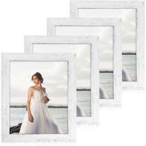 iRahmen 8x10 Picture Frame Set of 4, High Definition Glass Distressed White Frame, 8 x 10 Wood Photo Frames for Tabletop Display and Wall Mounting
