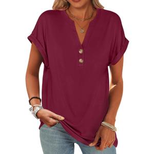 ANRABESS Womens Short Sleeve Henley Tops V Neck Dressy Casual Blouses Summer Trendy Tee Shirts 2026 Vacation Fashion Clothes (Large, Burgundy)