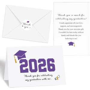 Motipuns 50 Sets Purple 2026 Graduation Thank You Cards with Envelopes and Stickers Pre-printed Message Bulk Appreciation Notes College Greeting Card for Guest Family Teacher Classmate