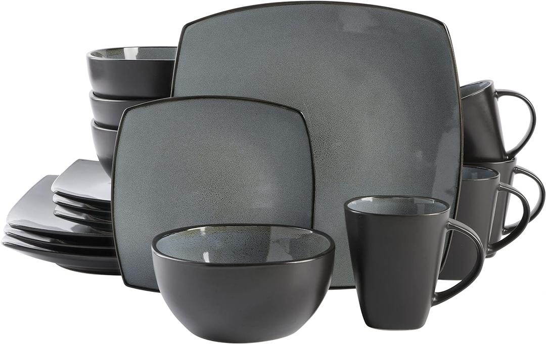 Gibson Elite Soho Lounge Square Reactive Glaze Stoneware Dinnerware Set, Service for 4 (16pc), Eclipse