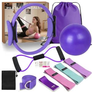 Pilates Equipment 15" Pilates Ring Plus, Pilates Kit for Home Workouts, Pilates Essentials Kit for Women with Pilates Ring and Ball Set, Booty Bands, Figure 8 Resistance Band, Yoga Band (Purple)