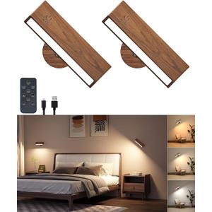 Wooden Wall Sconce Battery Operated with Remote,Rechargeable Wall Lights for Bedroom with 3 Color Temperature, Magnetic, Stick-On, Dimmable Wall Reading Lights (Walnutwood, 2 Pack)