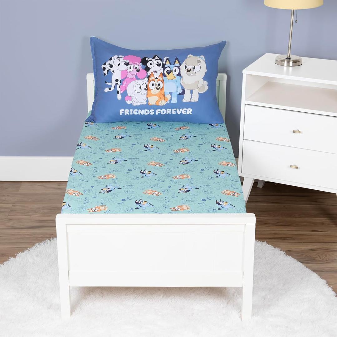 Bluey Sheet Set - Fits Toddler Bed or Crib Mattress - Fitted Sheet and Pillow Case, Green