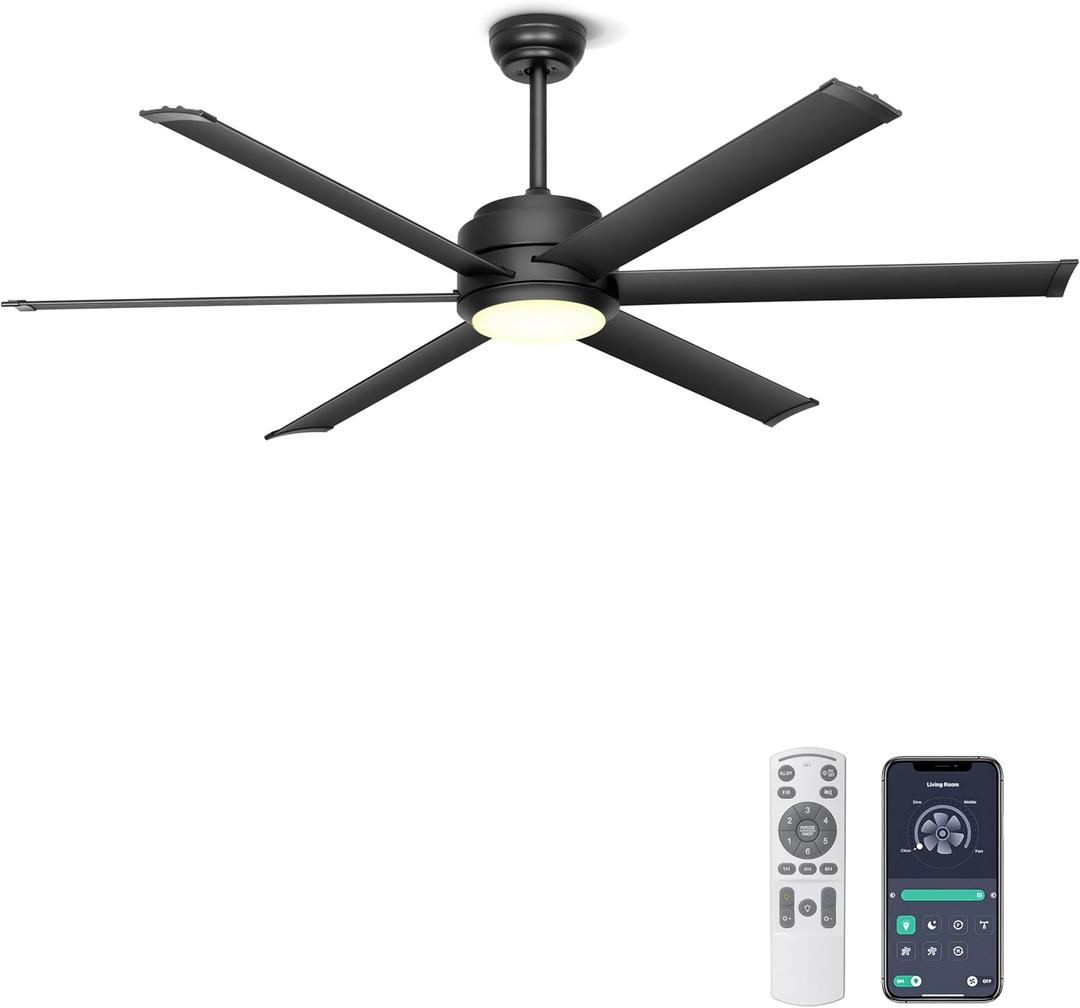Ohniyou 60" Industrial Ceiling Fan with Lights - Remote & APP Control, Dimmable, DC Motor, Outdoor Fan with Aluminum Blades for Patio Living Room, Black
