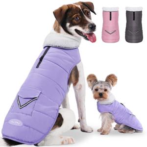 iBuddy Dog Winter Coat for Large Dogs, Easy on Dog Snow Fleece Coat Velcro Waterproof Pet Puffer Clothes with Harness Hole Adjustable Reflective Quilted Pet Cold Weather Vest Wind-poof for Girl Female (Purple)
