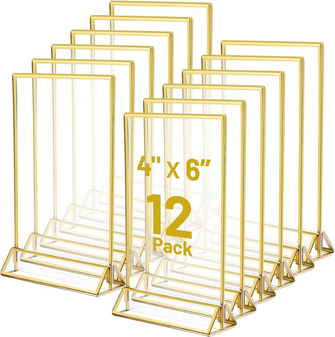 Jeffbaubl 12 Pack Acrylic Sign Holder Gold Borders,4x6 Double Sided Clear Frame Vertical Stand,Menu Display Stand Gold Sign Holders for Wedding Table Number,Restaurant Sign,Menu,Photo