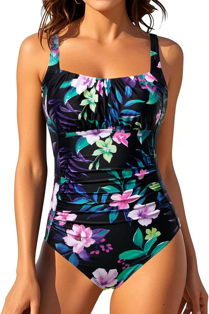 Aqua Eve One Piece Bathing Suit for Women Tummy Control Swimsuit Slimming Vintage Swimwear (Large, Floral)