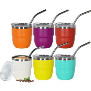 4oz Stackable Cup, Vacuum Insulated Espresso Cup Set of 6, Espresso Shot Cup for Coffee, Double Wall Stainless Steel Mini Tumbler Shot Glasses with Straw and Lid (A-mixed6P, 4oz)