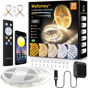 Wefomey White LED Strip Lights, 100ft Dimmable Bright 24V Led Tape Light with Remote and App Control, 2700K-6500K White 1440 LEDs Lights for Bedroom, Kitchen, Ceiling (1 Rolls of 100ft)