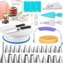 RFAQK 64PCs Cake Decorating Kit with Leveler, Baking Supplies Gift Includes Cake Stand Turntable, 24 Numbered Icing Tips, 30+1 Piping Bags, 2 Frosting Spatulas, 3 Scrappers, Video Course & Booklet (Blue)
