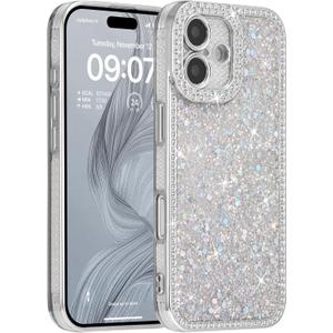 FABSPARK Case for iPhone 17,Glitter Crystal Diamond Rhinestones Sequin Shiny Bling Sparkly Glossy Luxury Electroplated Case,Aesthetic Cute Full Protection for iPhone 17,Silver