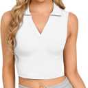CLOZOZ Womens Tank Tops Polo Crop Top V Neck Ribbed Sleeveless Tops Collar Shirts Womens Crop Tops Polo Cropped Tank Trendy (X-Small, White)