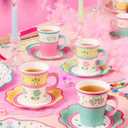 xo, Fetti Tea Party 9oz Cups and Saucers Set - 32 Piece Drinkware Set | Garden Party, Fancy Birthday, Easter, Pastel, Floral, Coquette, Vintage