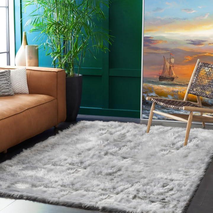 Goolela 5x8 Area Rug Faux Fur Rug Fluffy Washable Grey Sheepskin Large Rug for Living Room Bedroom Shag Soft Home Decor Rectangle