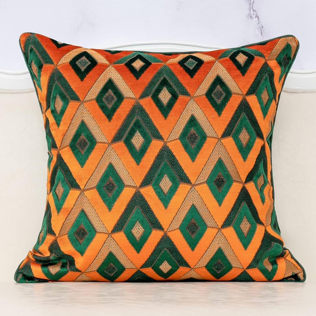 Alerfa Square Pillow Geometric Plaid Embroidery Cut Velvet Cushion Case Luxury Modern Throw Pillow Cover Decorative Pillow for Couch Sofa Living Room Bedroom Car 20 x 20 Inch Teal Orange