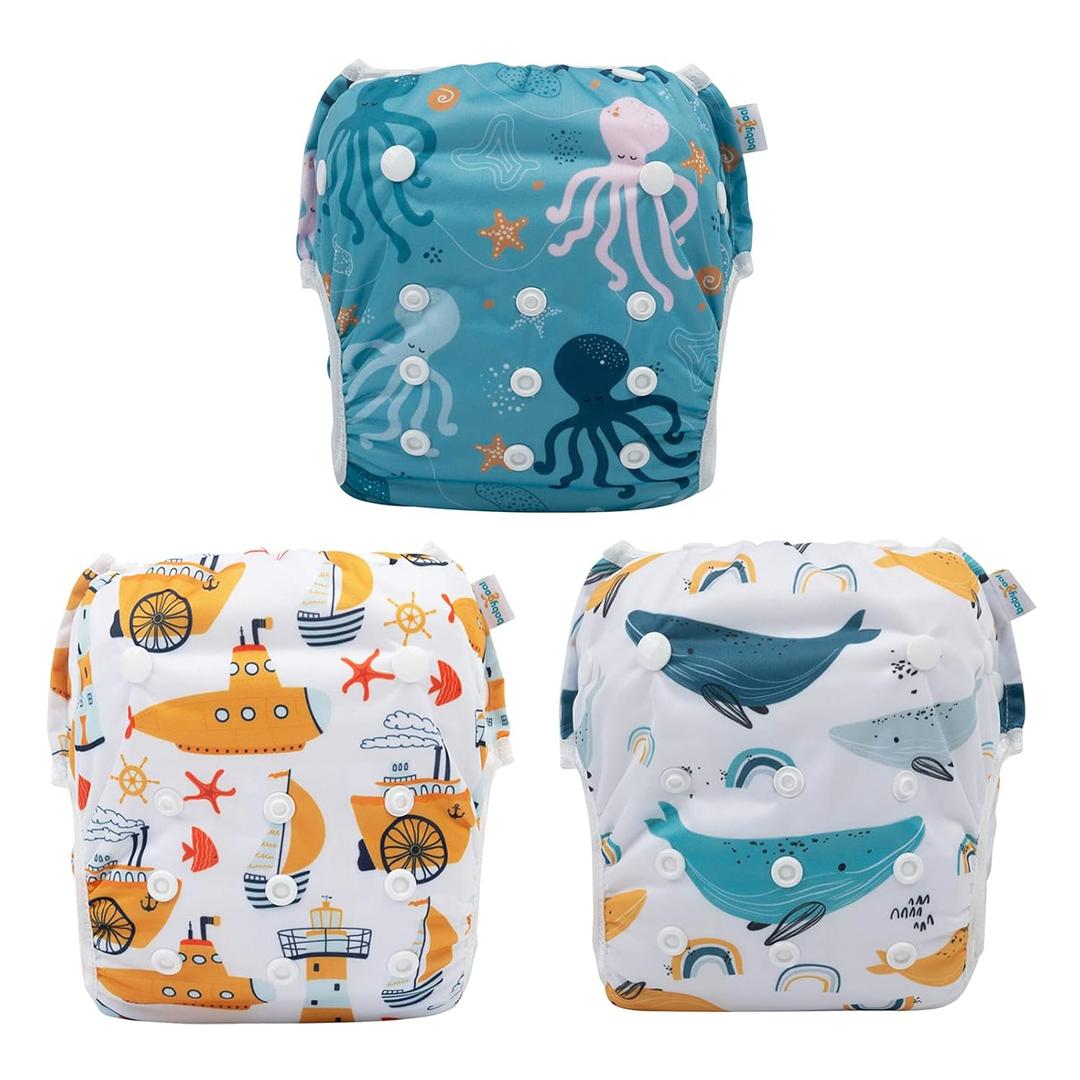 Babygoal Swim Diapers 3 Pack for 8M-3T Babies and Toddlers, Reusable Adjustable Washable for Baby Girl and Boy Swimming Lessons Shark & Octopus L