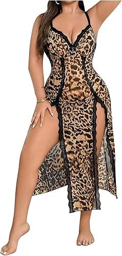 SHENHE Women's Plus Size Lace Trim Slit Long Nightgown Leopard Mesh Babydoll Lingerie Slip Chemise, XL