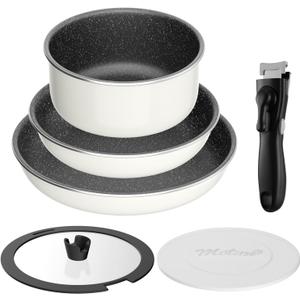 6pcs Pots and Pans Set, Nonstick Cookware Set Detachable Handle, Induction Kitchen Cookware Sets Non Stick with Removable Handle, RV Cookware Set, Oven Safe, White