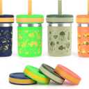 Sursip Toddler Kids Cups with Lids and Straws, Stainless Steel Toddler Spill Proof Sippy Cups for Smoothie & Snacks Drinking Jars, BPA-Free, Dishwasher Safe - 15 oz (4 Pack-Galactic Sky/Dino/Underwater Wonderland/Machines)