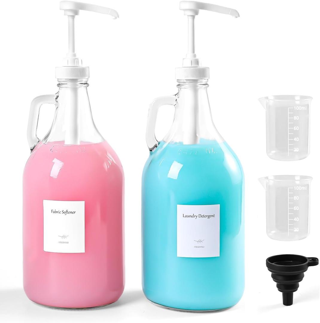 64 OZ Laundry Detergent Dispenser BY VEGEVIGI, Glass Liquid Laundry Soap Dispenser With Pump, Bleach And Fabric Softener Dispenser For Laundry Room, 2P