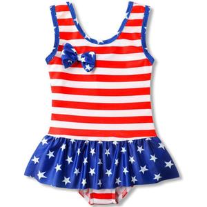 July 4th Baby Girl Ruffled Single Piece American Flag Printed Bow Beach Swimwear Swimsuit Rash Guard (2T, Red)