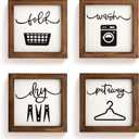 SHOHAYTO Laundry Room Decor for Wall Farmhouse Signs Set of 4 Wash Dry Fold Put Away Rustic Decor for Shelf Laundry Wall Art with Wood Frame Decorative Room Sign 8'' x 8'' (White & Brown)