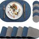 Faux Leather Placemats Set of 6 with Matching Coasters, Dual Sided Oval Placemats, Waterproof Wipeable Heat Resistant Place Mats, Non-Slip PU Table Placemats for Dining Table Kitchen Parties (Dark Grey-navy Nlue)