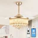 LEDIARY 42 Inch Chandelier Ceiling Fans with Lights and Remote, Retractable Fandelier Ceiling Fan, Crystal Fan for Bedroom Indoor Decoration, 3 Color Changeable, Dimmable, Timer Setting, Gold