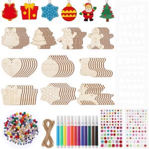 80Pcs Wooden Christmas Ornaments, 10 Styles Unfinished Wood Slice Ornaments Christmas Ornaments to Paint with Bells, Colored Markers, Stickers and Ropes for DIY Craft Making and Christmas Hanging
