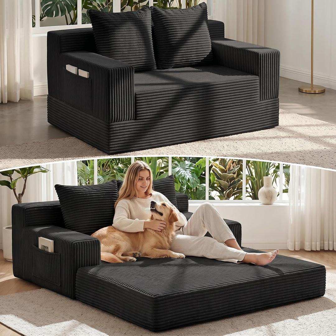 Convertible Sofa Bed,Small Boneless Couch & Boneless Loveseat,Pull Out Couch Bed for Small Spaces,Premium Luxe Corduroy Folding Floor Futon Sleeper with Side Pocket & 2 Pillows, No Assembly Required